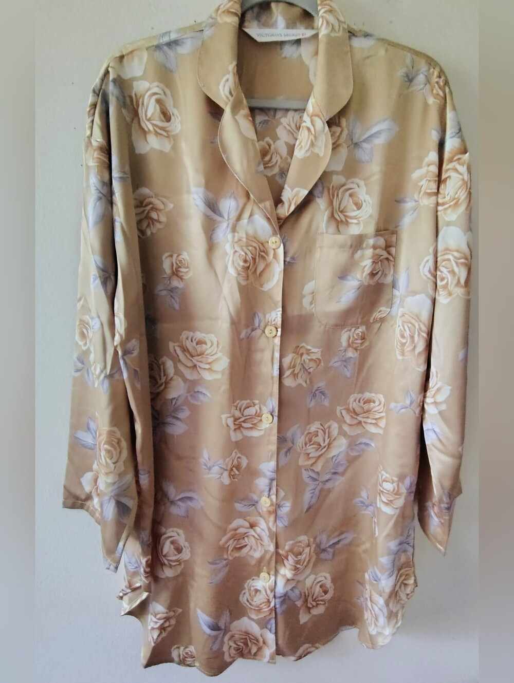 Vintage Victoria's Secret Gold Satin Sleep Shirt Large Floral Collar Button PJs